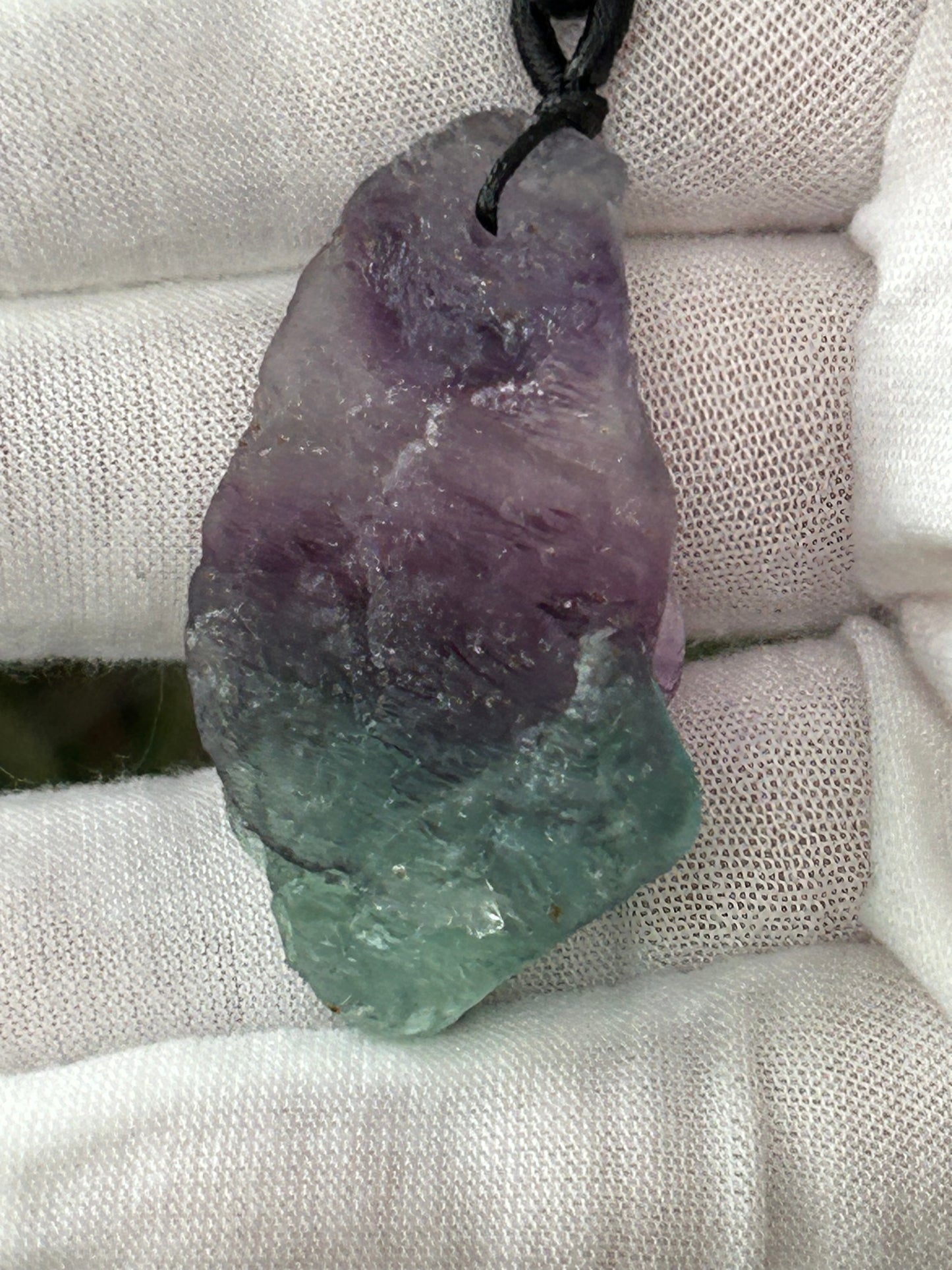 Large Raw Rainbow Fluorite  green purple tones Adjustable Length  black Cord Necklace