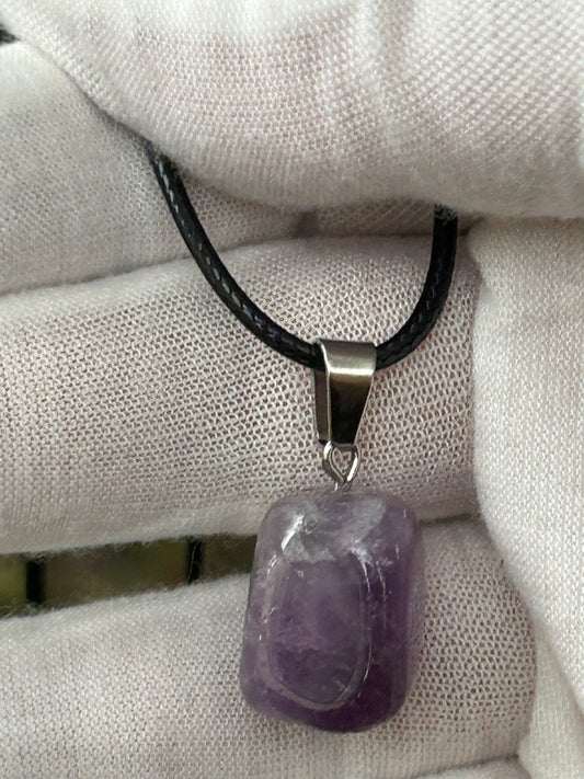 small square shaped amethyst polished pendant silver and black cord necklace