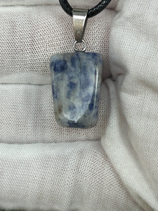 Sodalite Square Polished Stone Pendant with silver pendant attachment and black cord necklace