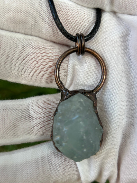 raw aquamarine unique rustic copper soldered pendant with black cord necklace