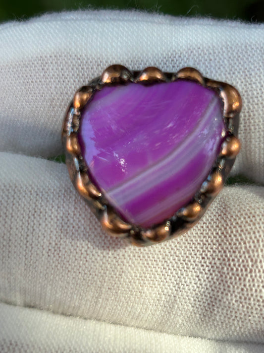 Purple striped agate heard shaped ring set in rustic antique copper solder