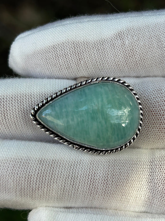 Amazonite water drop tear drop ring in antique silver setting