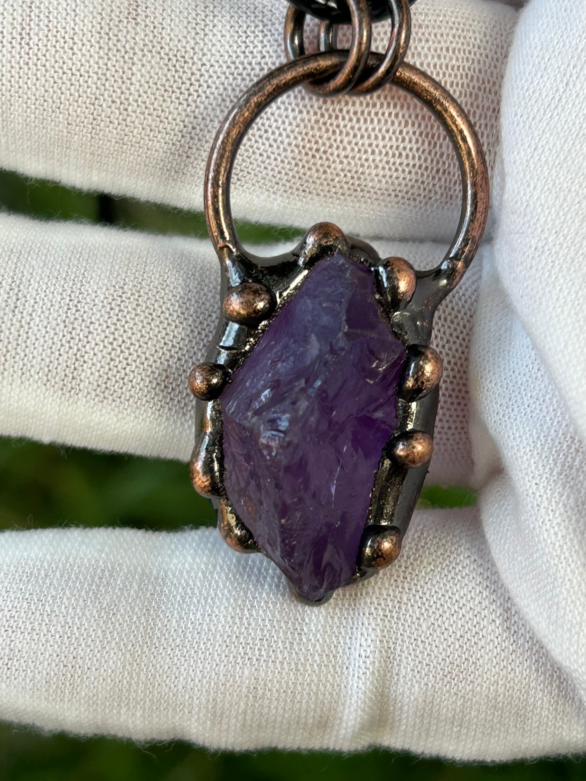 Raw Amethyst rustic antique copper soldered pendant