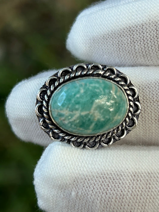 Amazonite Oval ring in ornate antique silver setting