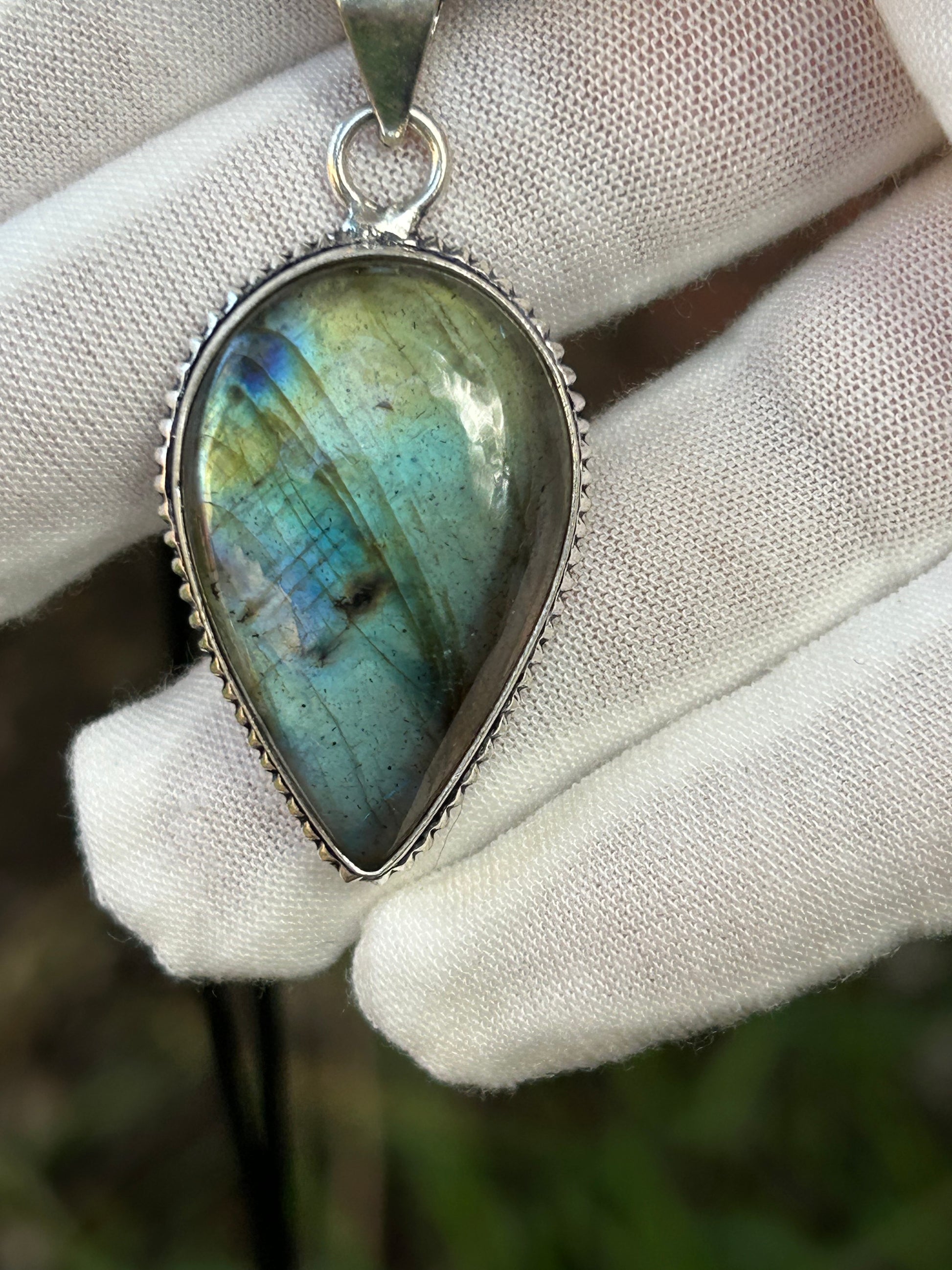 Water Drop Labradorite pendant set in unique 925 Sterling Silver design Plated Pendant