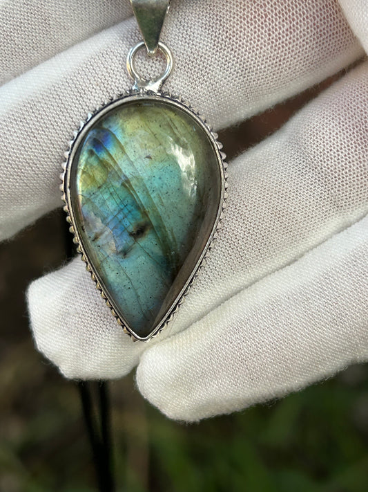 Water Drop Labradorite pendant set in unique 925 Sterling Silver design Plated Pendant