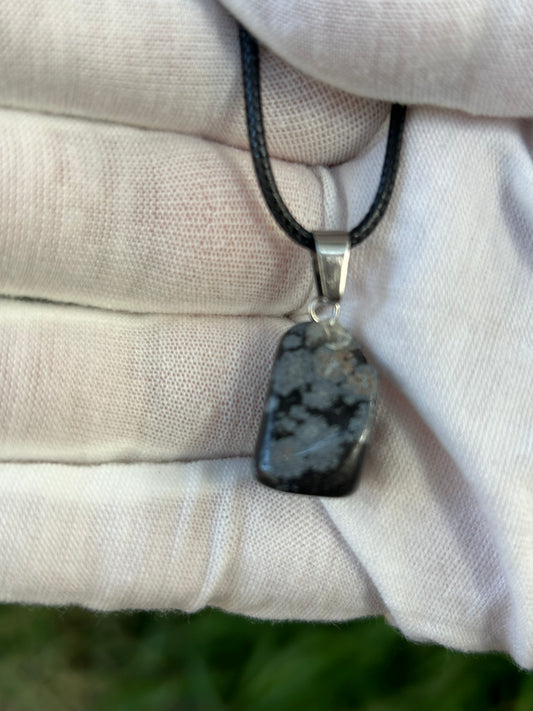 Snowflake Obsidian Square Polished Stone Pendant with silver pendant attachment and black cord necklace