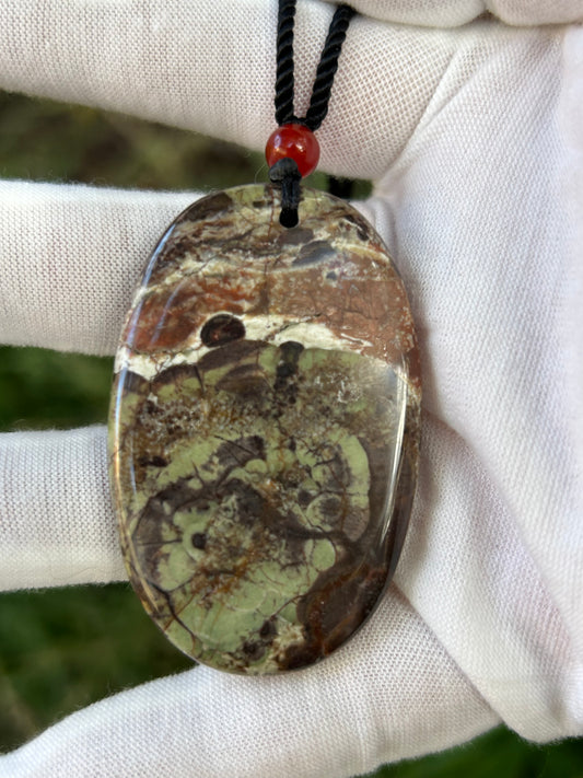 Large Flower Agate Pendant with red bead and black cord necklace