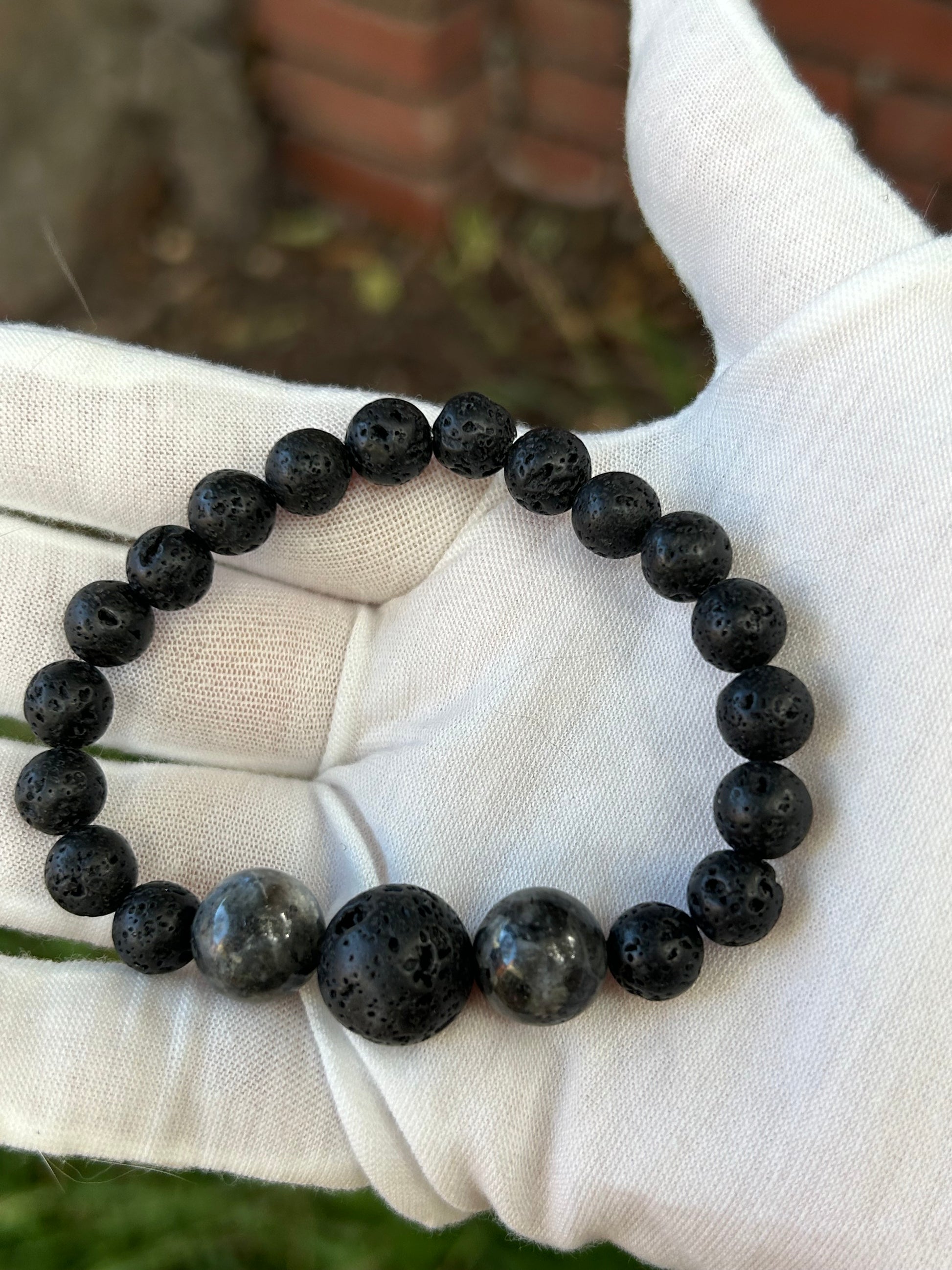 Labradorite and Lava Rock Bead Bracelet graduating bead size