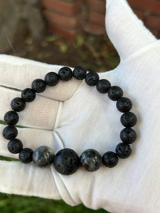 Labradorite and Lava Rock Bead Bracelet graduating bead size