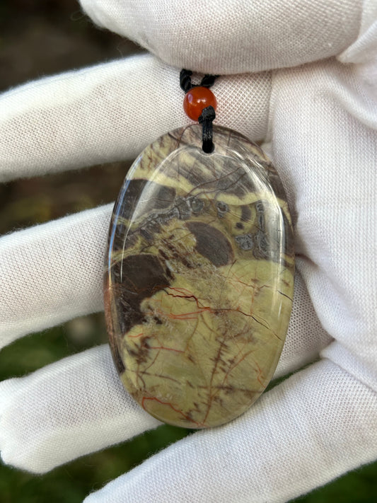 Large Flower Agate Pendant with red bead and black cord necklace