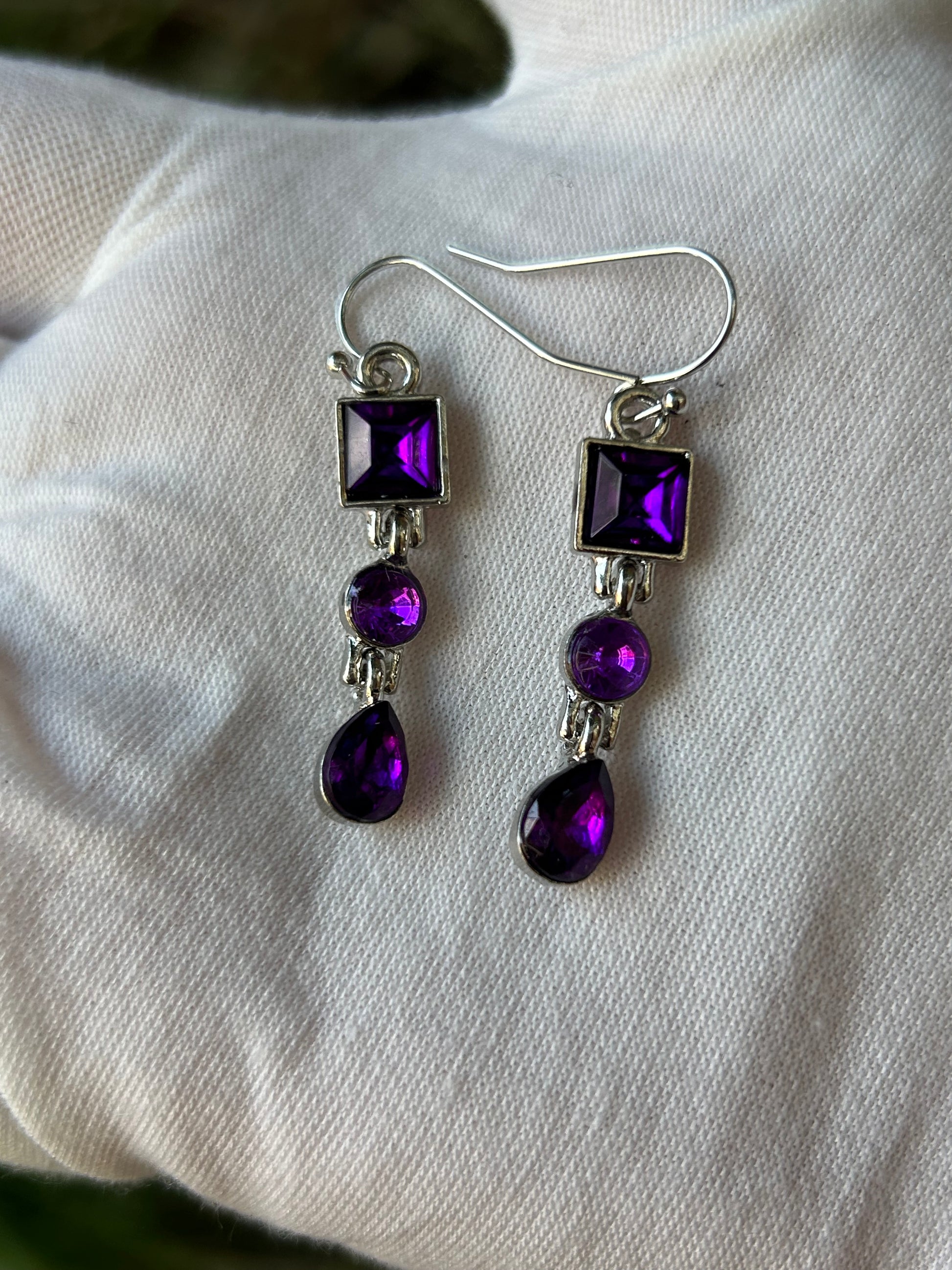 Facet cut square circle and teardrop amethyst and silver drop earrings