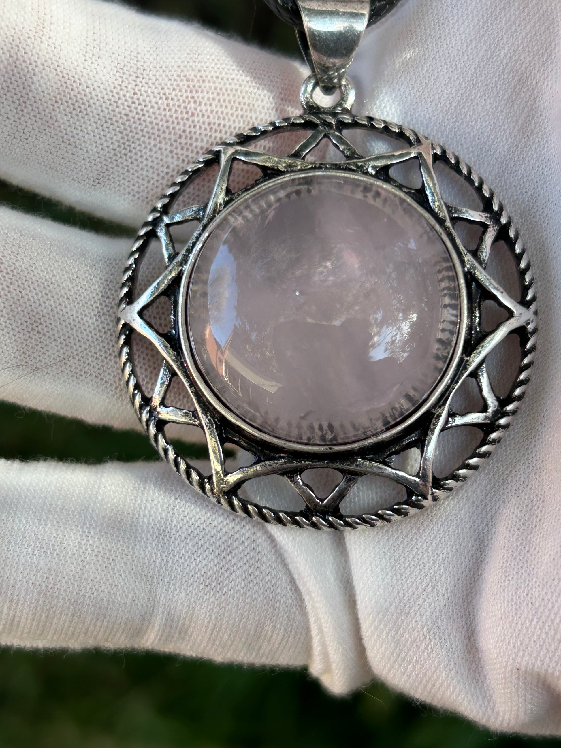 Large Polished Rose Quartz Crystal Pendant unique antique silver setting