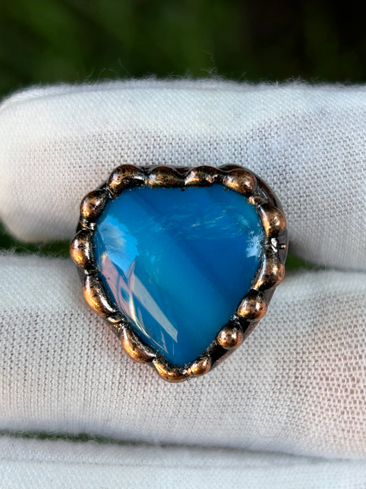 Blue striped Agate Heart  shapedf Antique  rustic Copper Solder Ring 