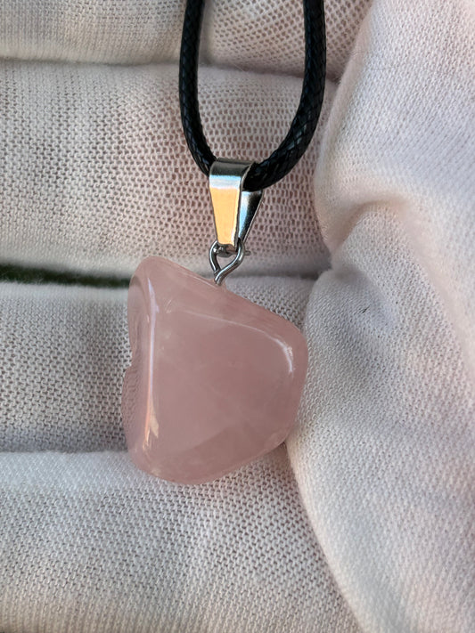 Small Rose Quartz Polished stone pendant with silver pendant attachment and black cord necklace