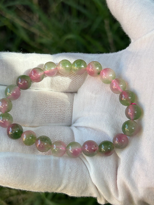 Colourful Watermelon Tourmaline polished Bead Bracelet green pink tones