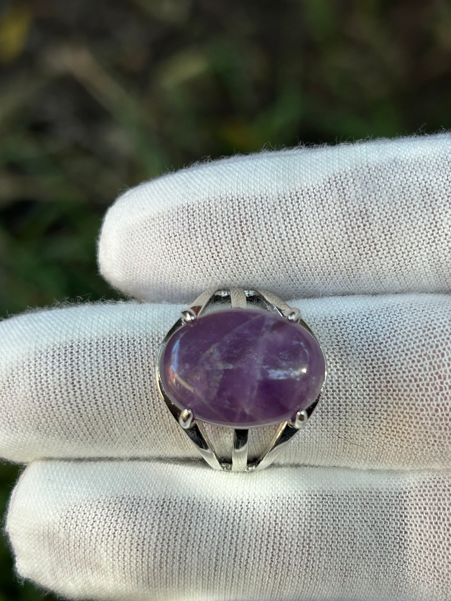 Oval polished amethyst crystal silver adjustable ring