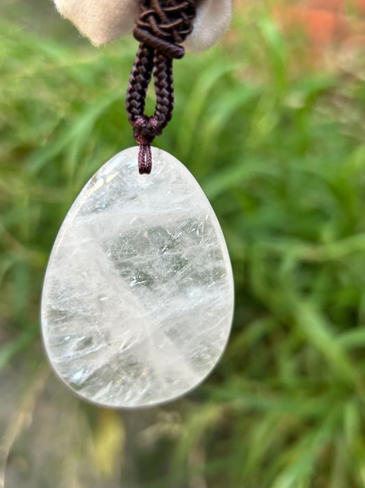 Large Clear quartz oval pendant with brown cord necklace