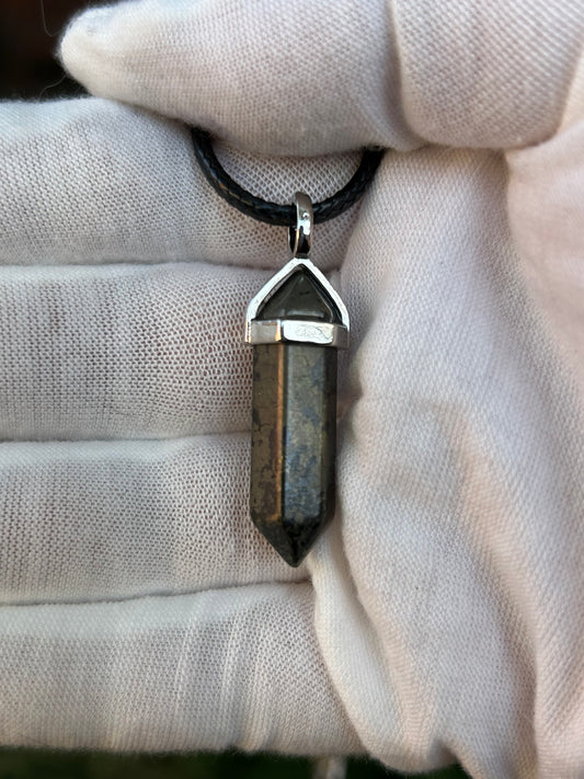 Pyrite point pendant silver setting and black cord necklace