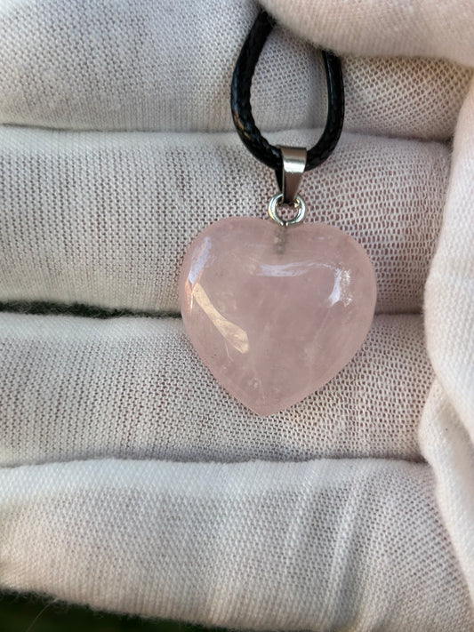 Pink Agate crystal Polished Heart Pendant with silver pendant attachment and black cord necklace