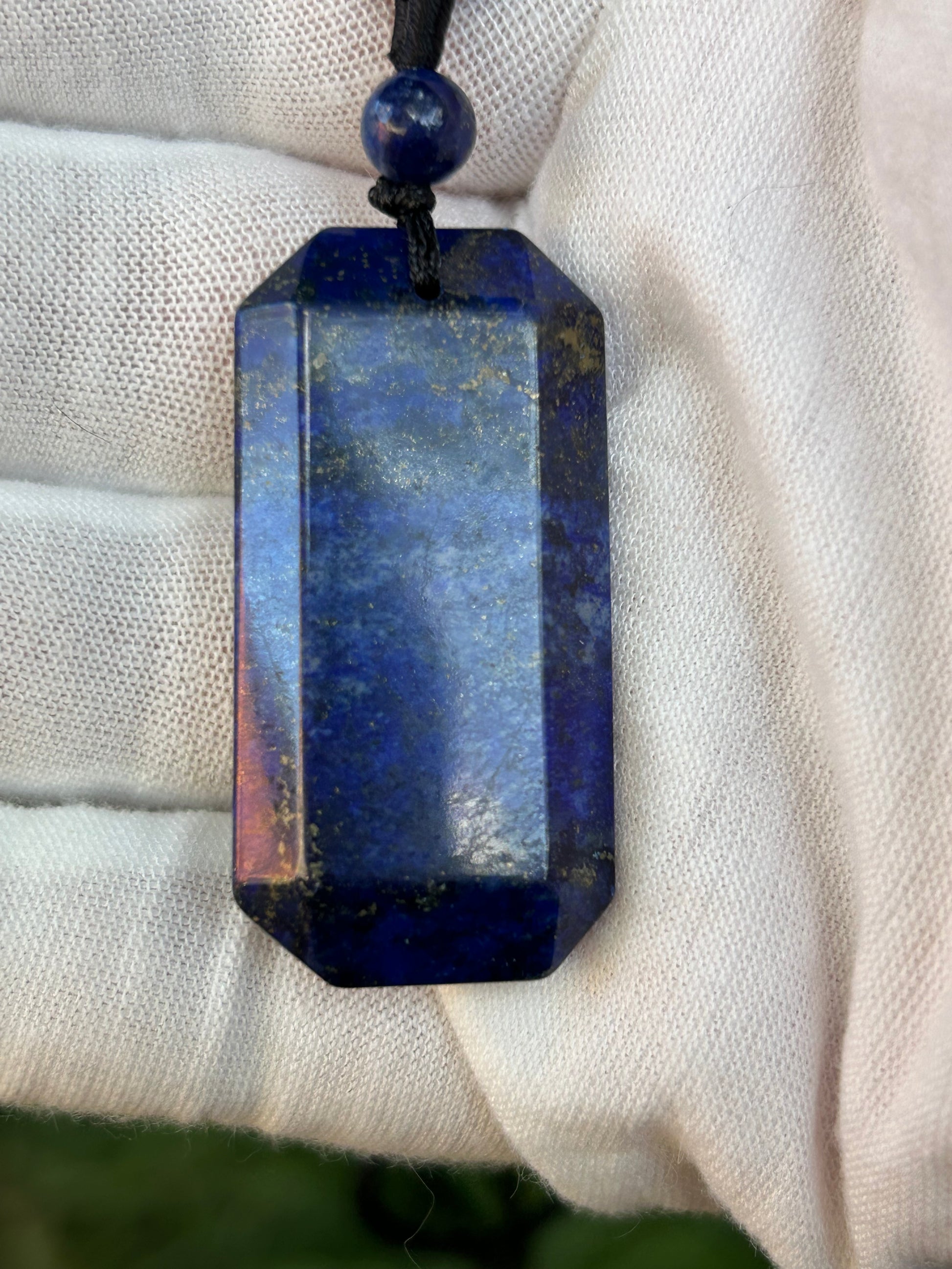 Large rectangular Lapis Lazuli Polished Pendant with blue bead and black cord necklace