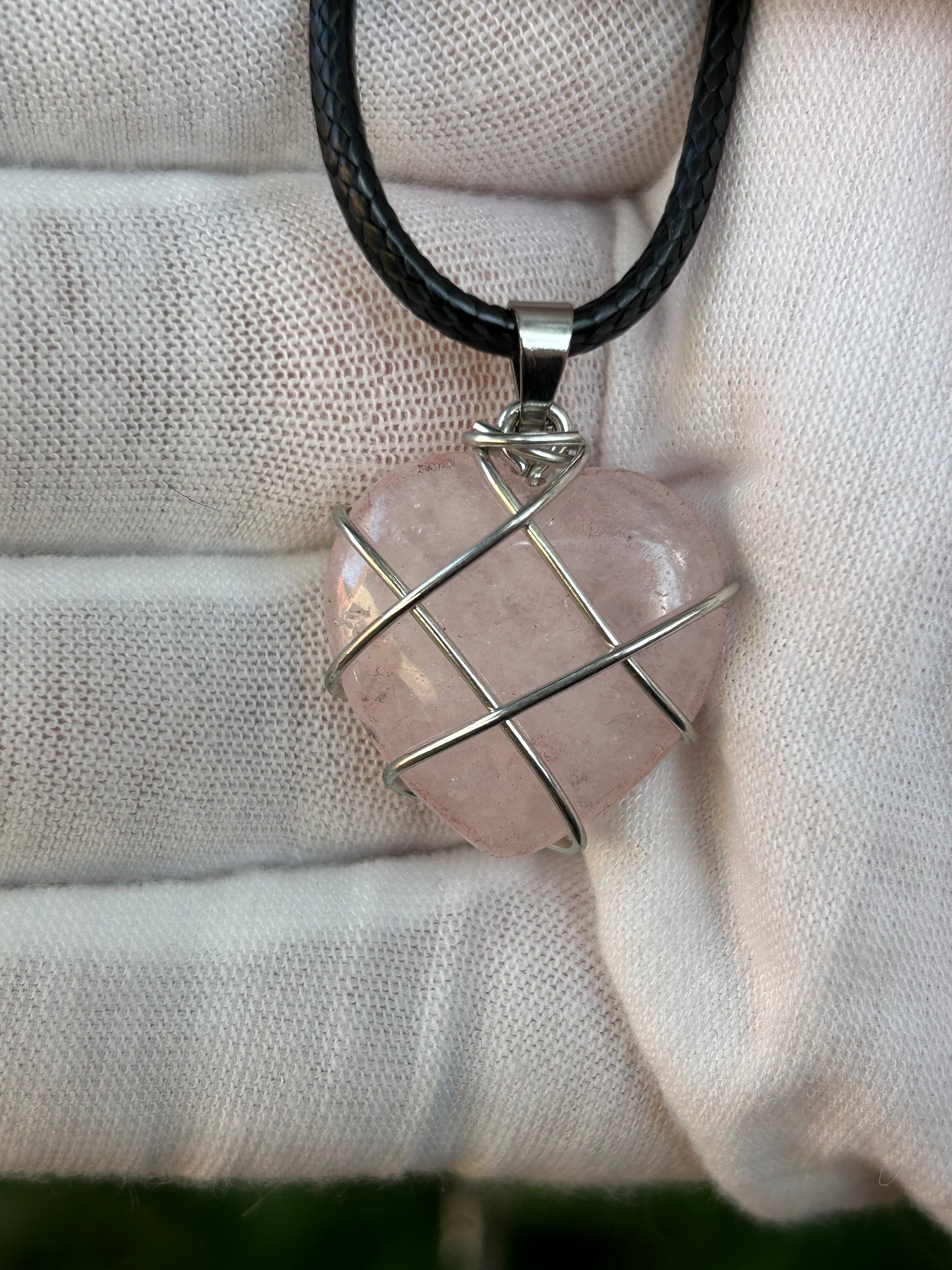 Rose Quartz silver wire wrapped Polished Stone Heart Pendant with black cord necklace