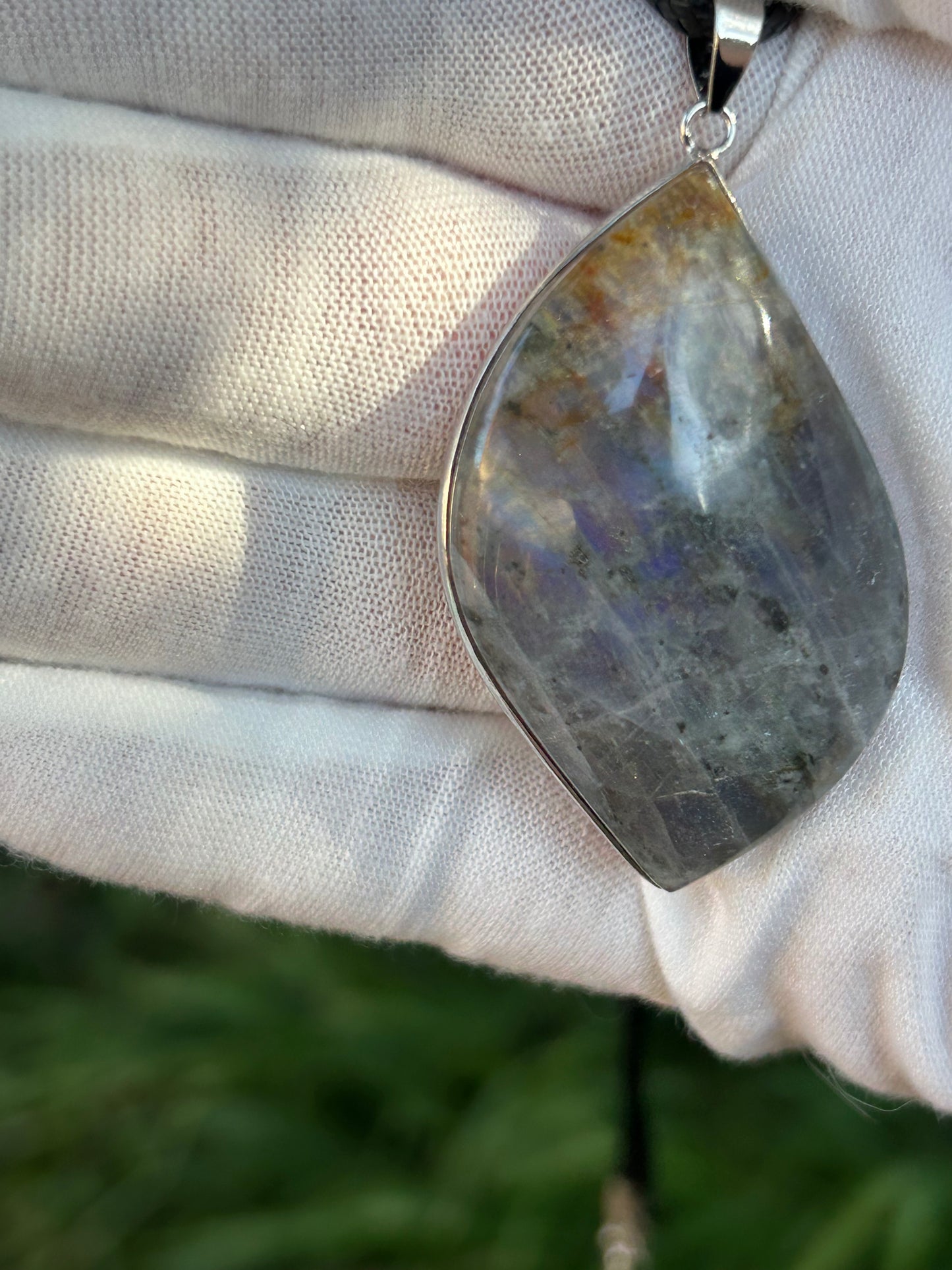 large Grey Labradorite Pendant with subtle gold, blue and purple flash with silver pendant attachment