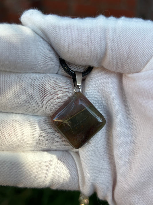 Brown and green tones Ocean Jasper Polished Pendant silver pendant fixture black cord necklace