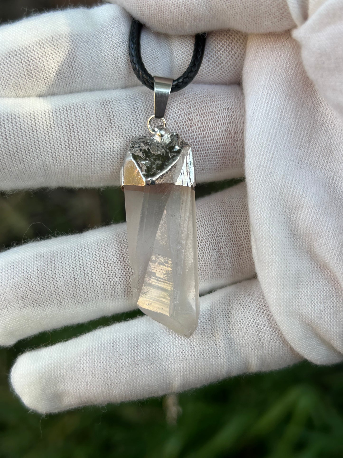 clear quartz shard pendant with rustic silver attachment