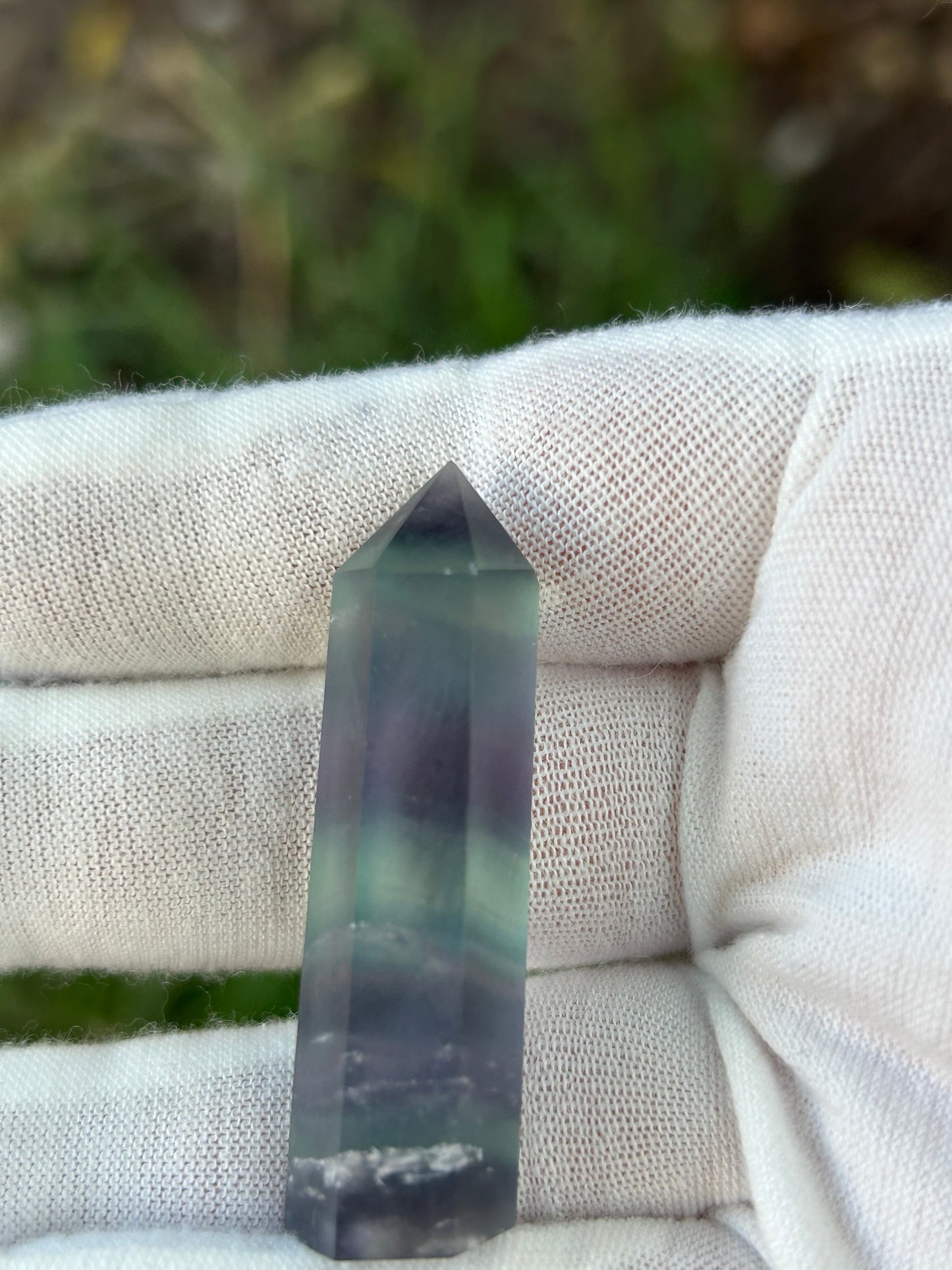 Small Rainbow Fluorite Crystal Point obelisk purple green tones