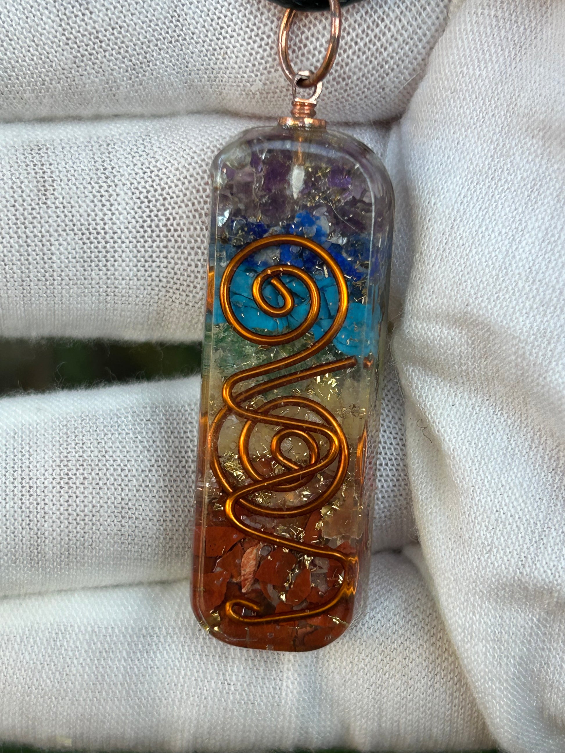 Orgonite 7 Chakra Healing Pendant with Copper spiral detail