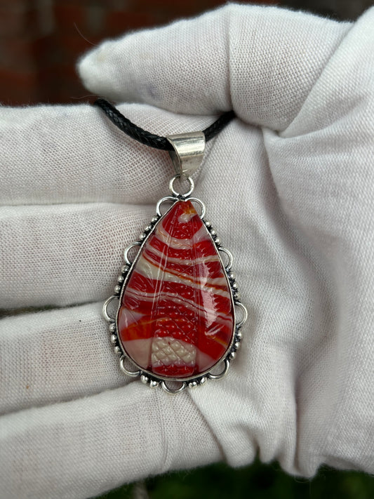 Red  striped Agate Handmade Carved Pendant set in unique sterling silver design