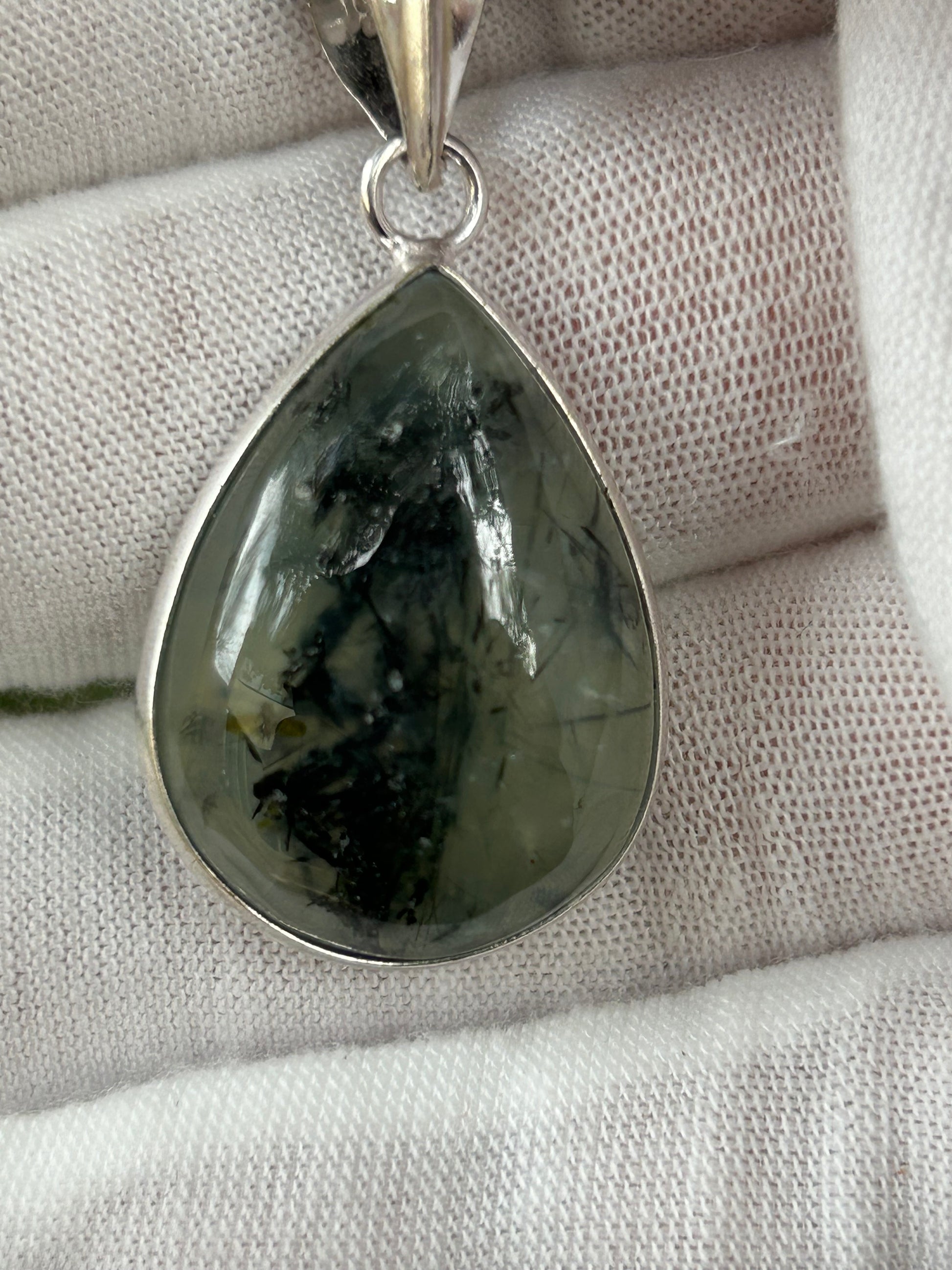 Green Prehnite crystal  tear drop water drop shaped pendant set in silver handmade