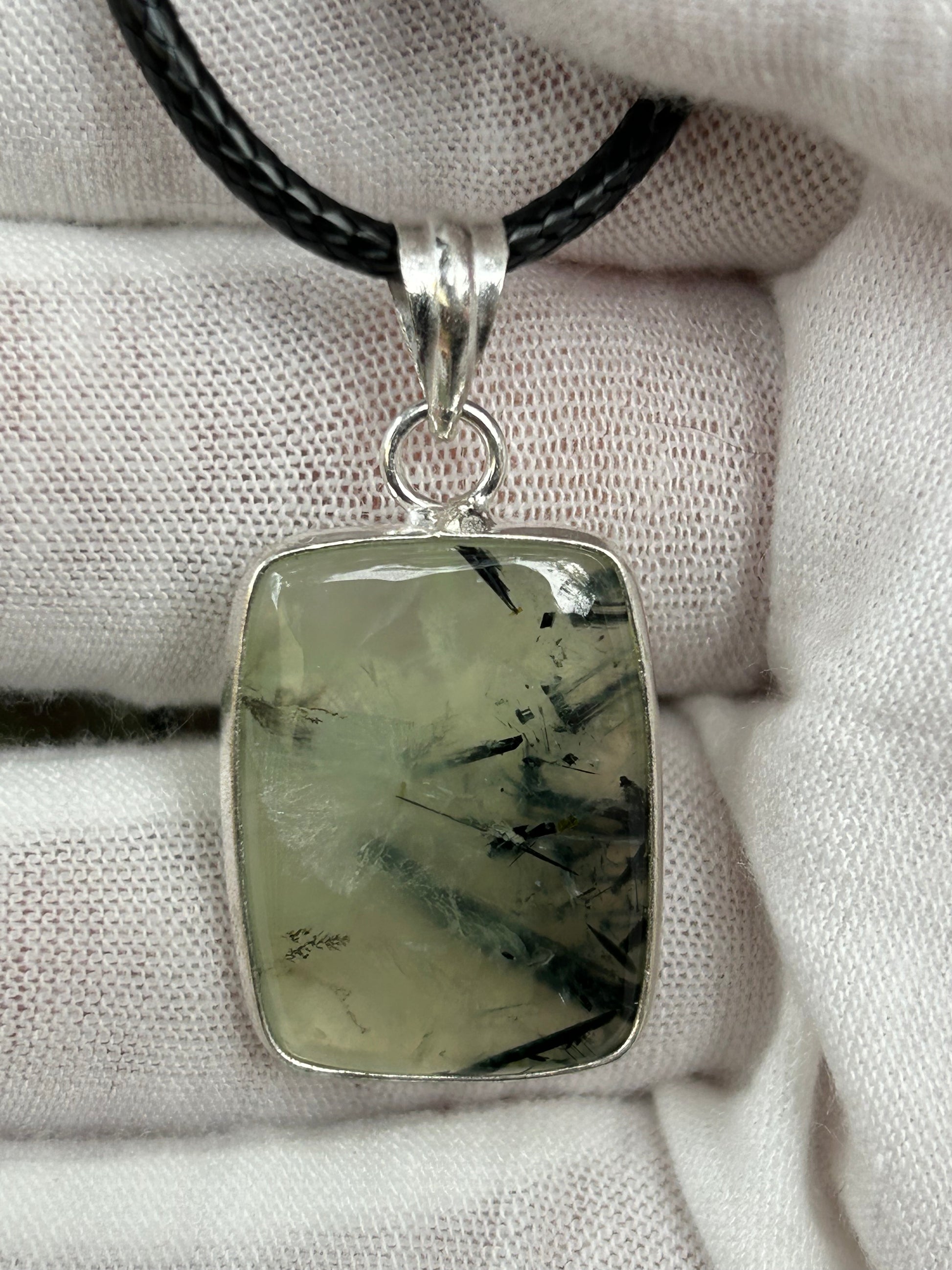 Green Prehnite crystal  square shaped pendant set in silver  hand made