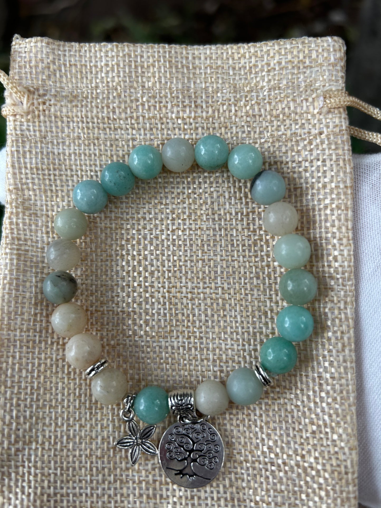 Flower Amazonite bead bracelet with Tree of Life and Flower charms