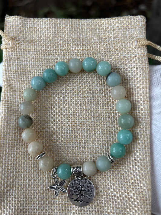 Flower Amazonite bead bracelet with Tree of Life and Flower charms