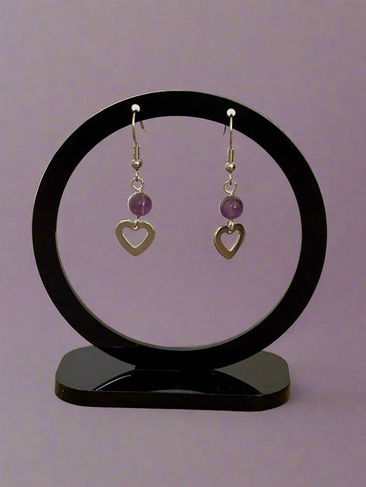 Polished amethyst crystal bead and silver heart drop earrings