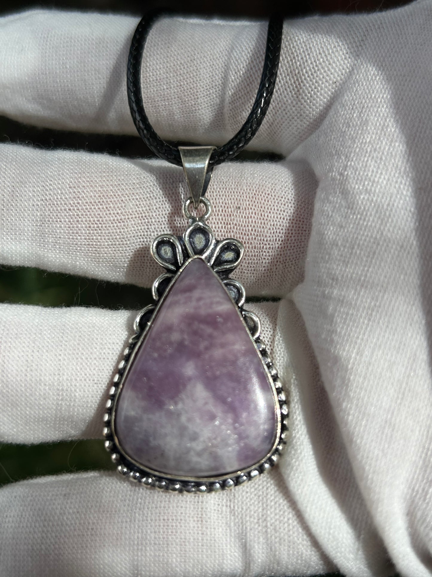 charoite tear drop water drop pendant set in ornate antique sterling silver design