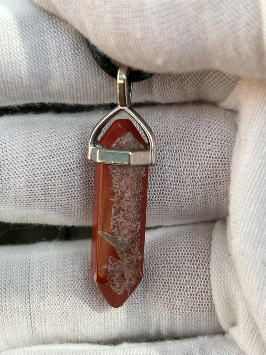 Red Jasper polished double point pendant silver setting and black cord necklace