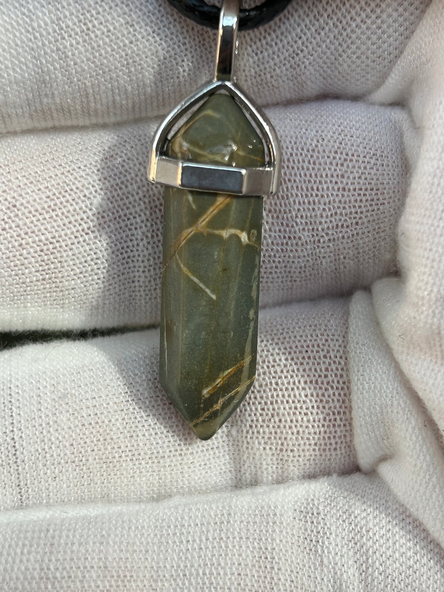 Khaki gold Picasso Jasper Polished Point Pendant in silver setting with black cord necklace