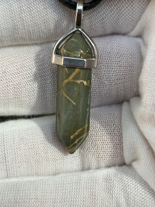 Khaki gold Picasso Jasper Polished Point Pendant in silver setting with black cord necklace