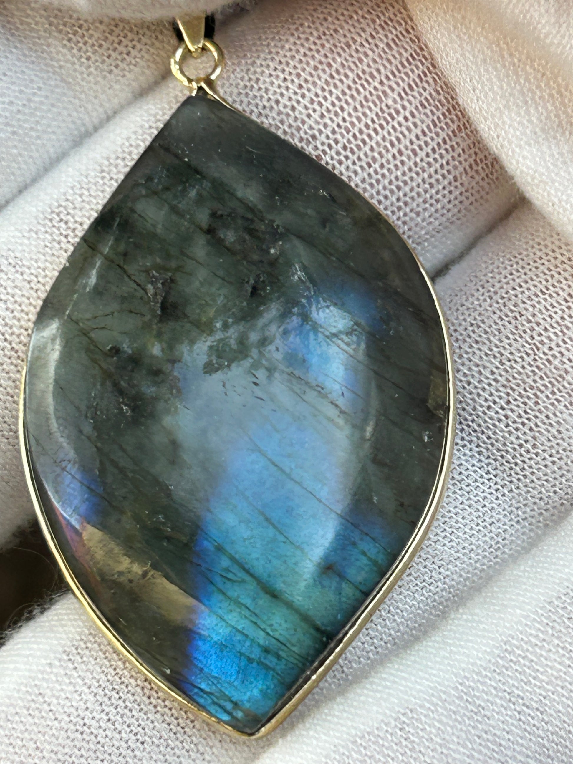 Large Labradorite Pendant Blue flash Green Flash gold setting