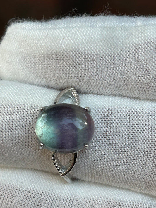 Green Purple tones Oval Rainbow Fluorite 925 Sterling Silver Plated Adjustable Ring