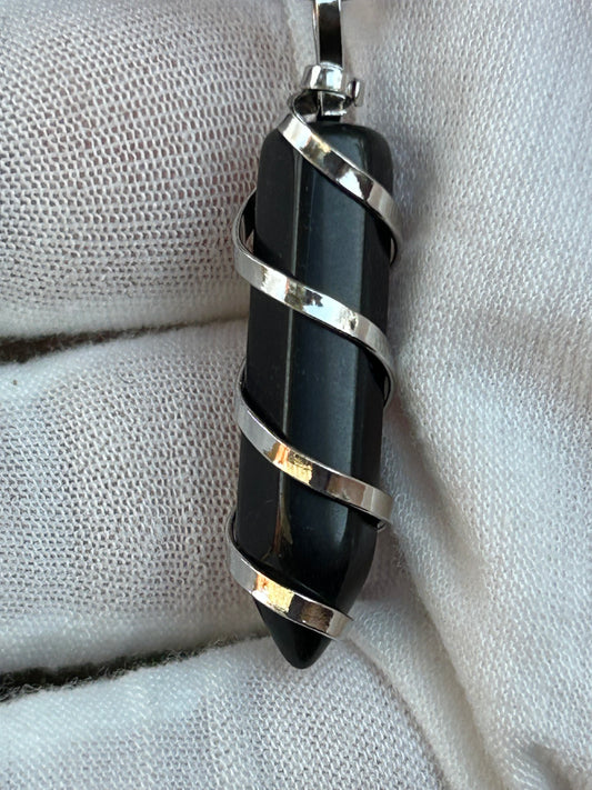 Black obsidian polished point crystal pendant wrapped in silver spiral