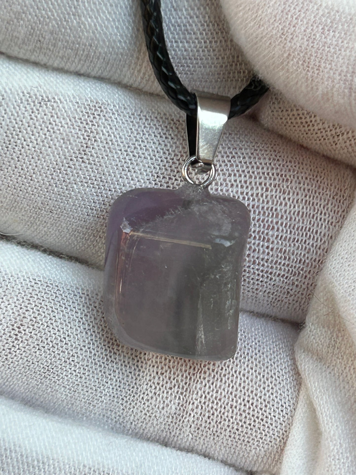 small square shaped amethyst polished pendant silver and black cord necklace