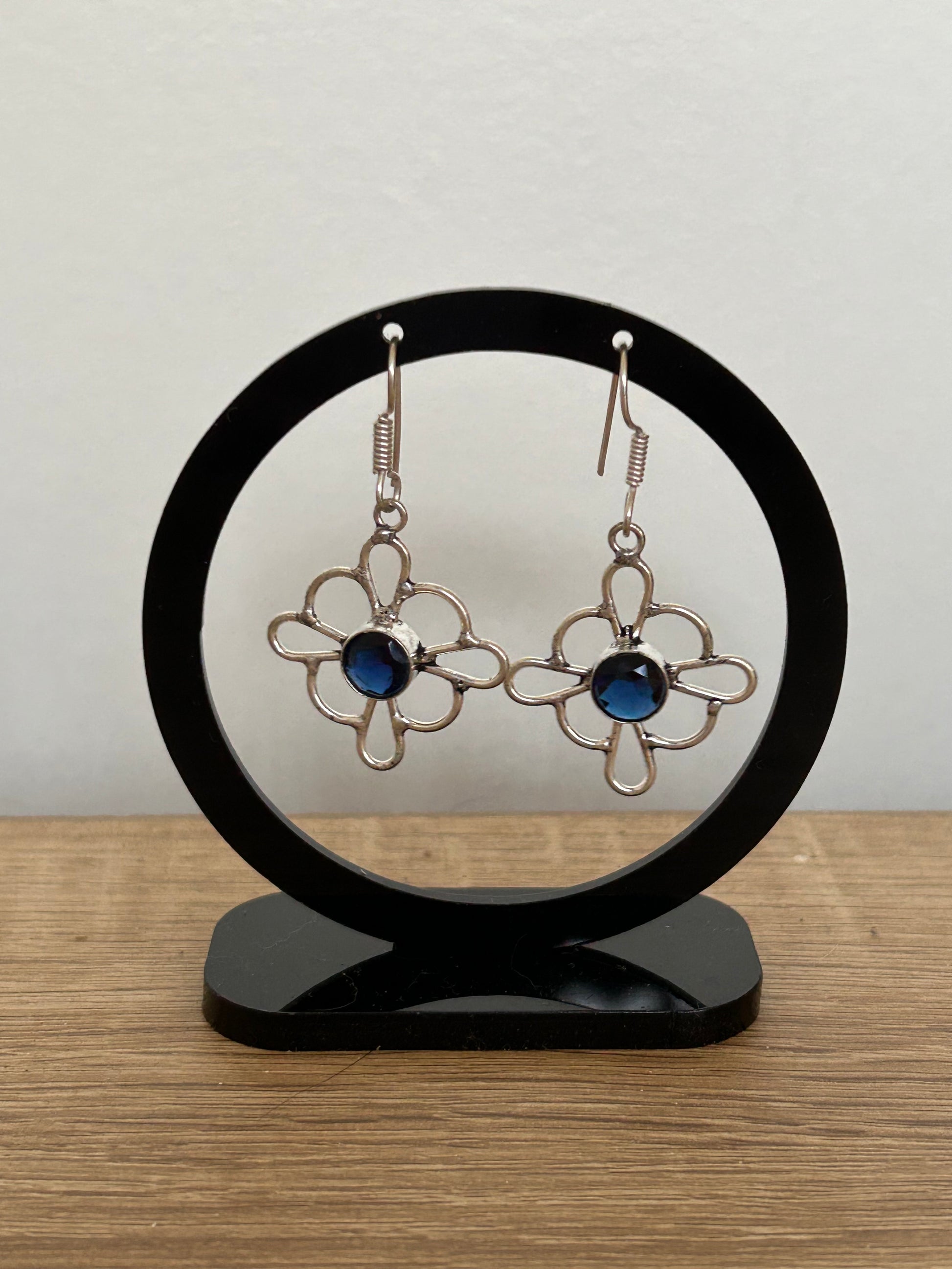 Faceted blue spinel handmade set in sterling silver flower shape drop earrings