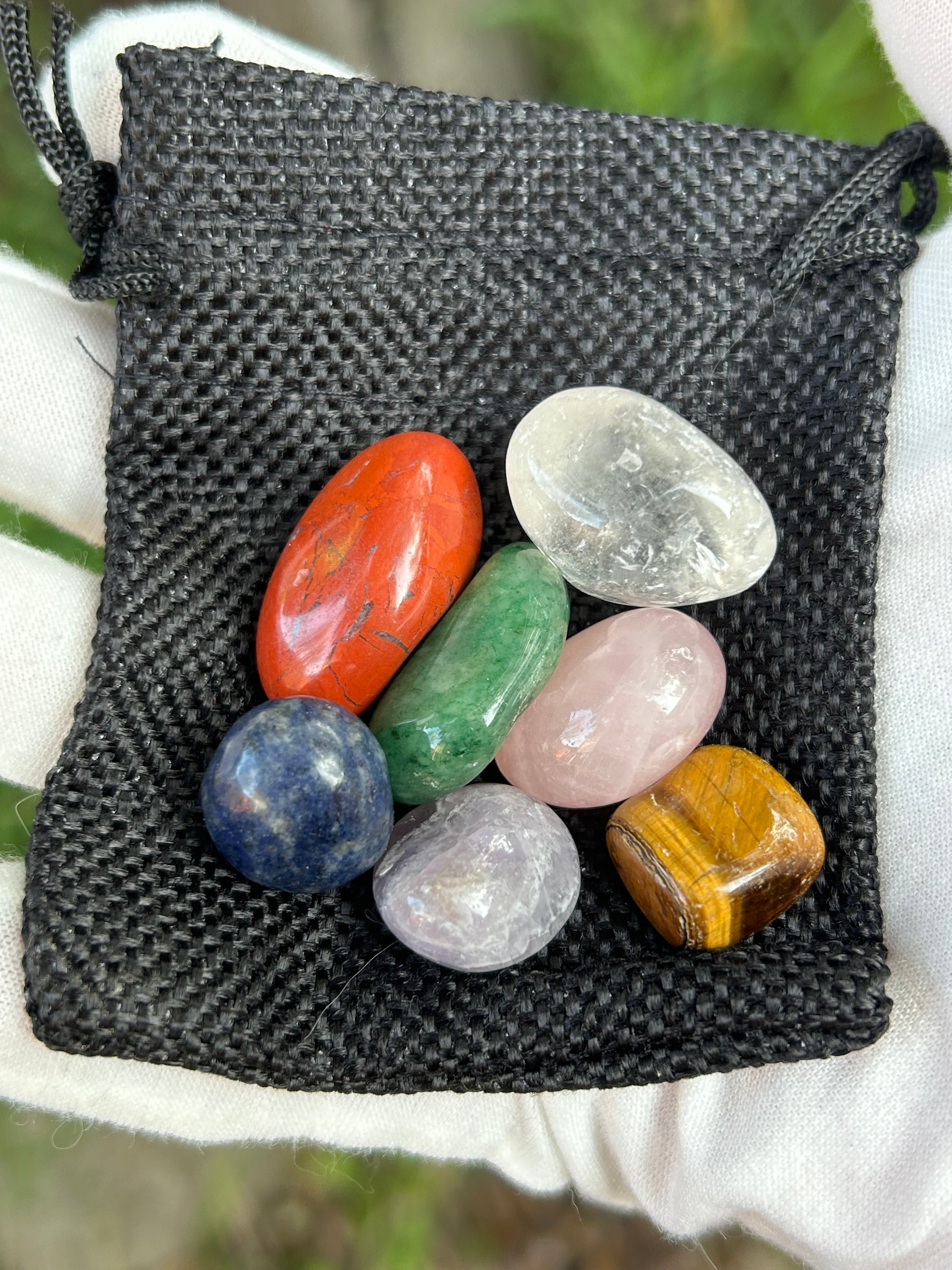 7 polished crystal stone set Red Jasper, Amethyst, Tiger Eye, Green Aventurine, Clear Quartz. Sodalite, Rose Quartz