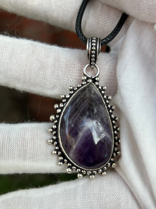 White and purple polished dream amethyst crystal handmade pendant set in ornate antique silver