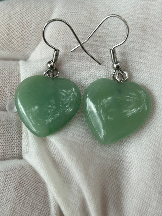 Green aventurine crystal polished heart shaped  drop earrings with silver attachments