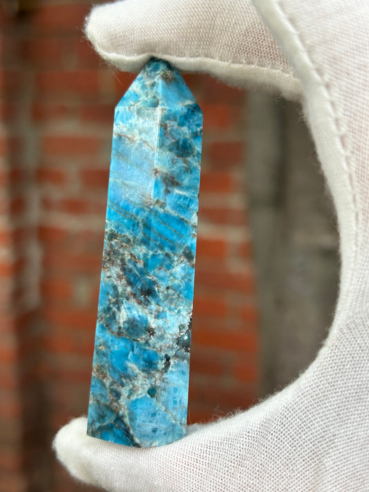 Apatitie light blue brown and white crystal polished point obelisk